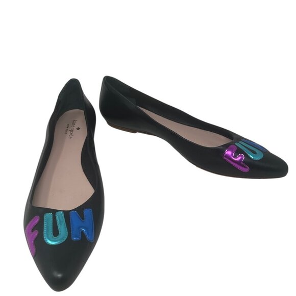 New Kate Spade Elliot “FUN” Printed Black Leather Pointed Toe Flats Size 11 - Picture 1 of 12
